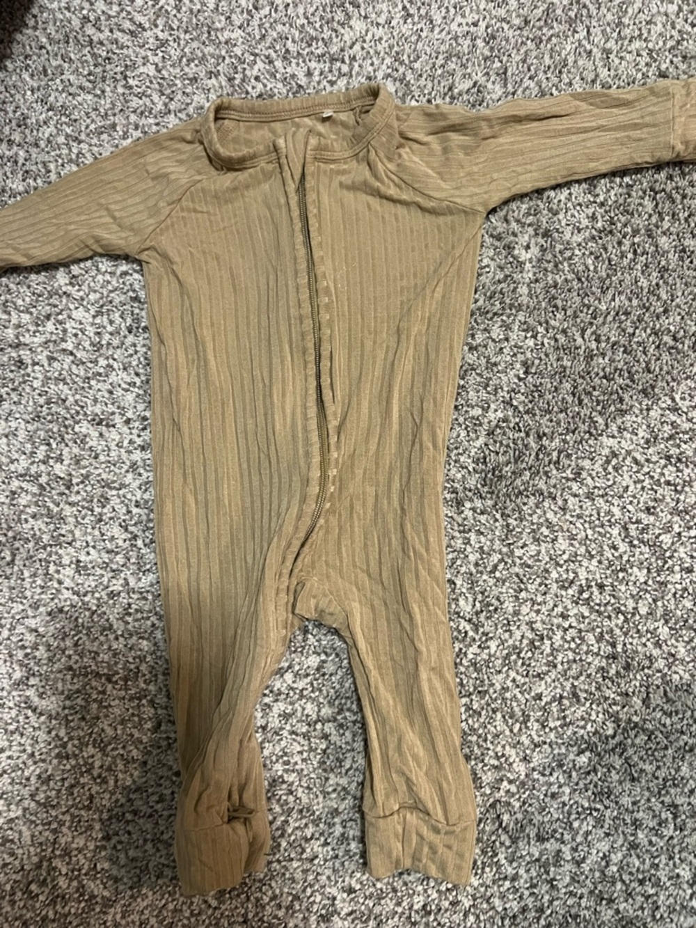 Kids Ribbed Footed One-Piece Zip Romper - Tan